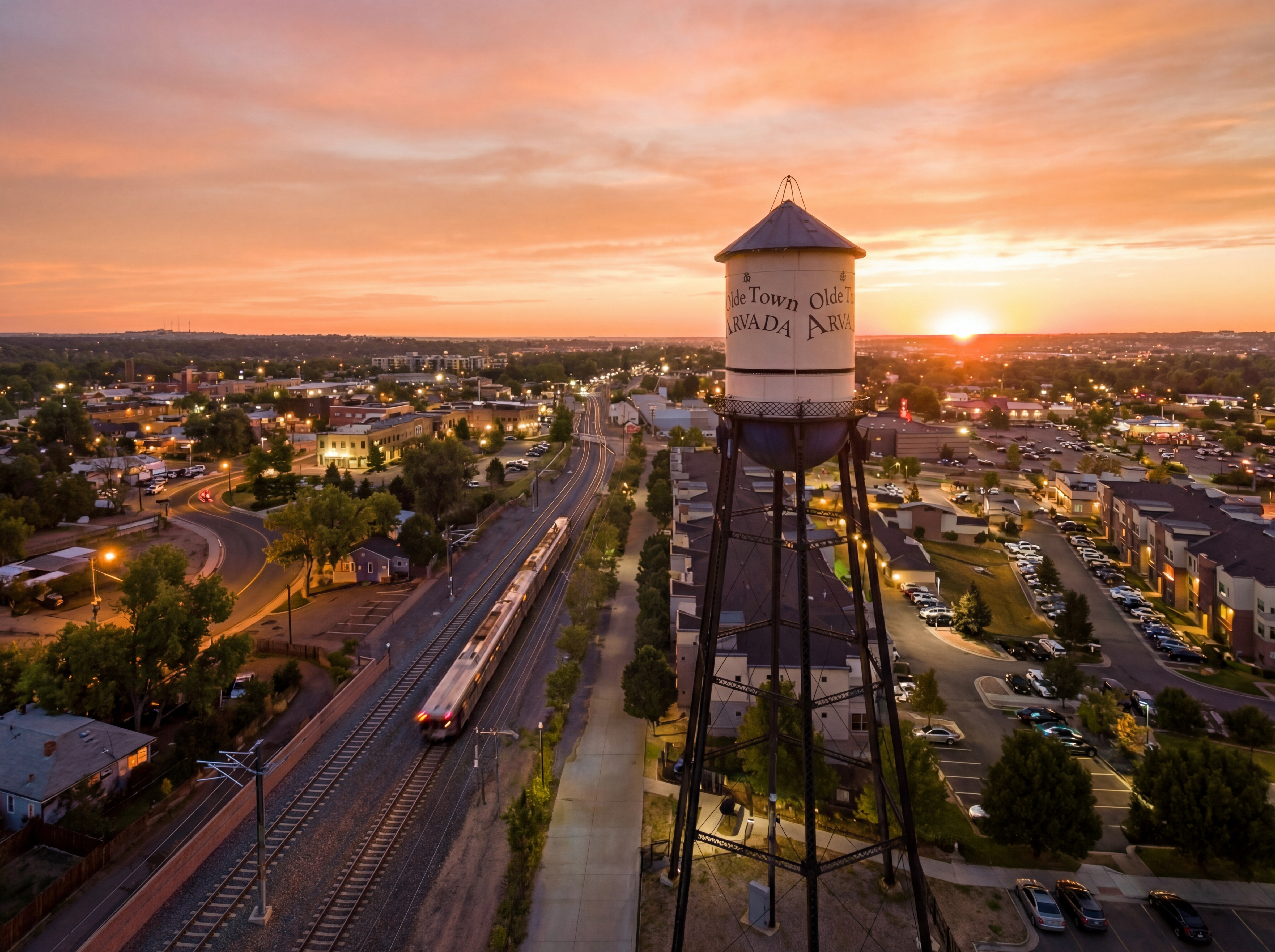 Olde Town Arvada water tower at sunset